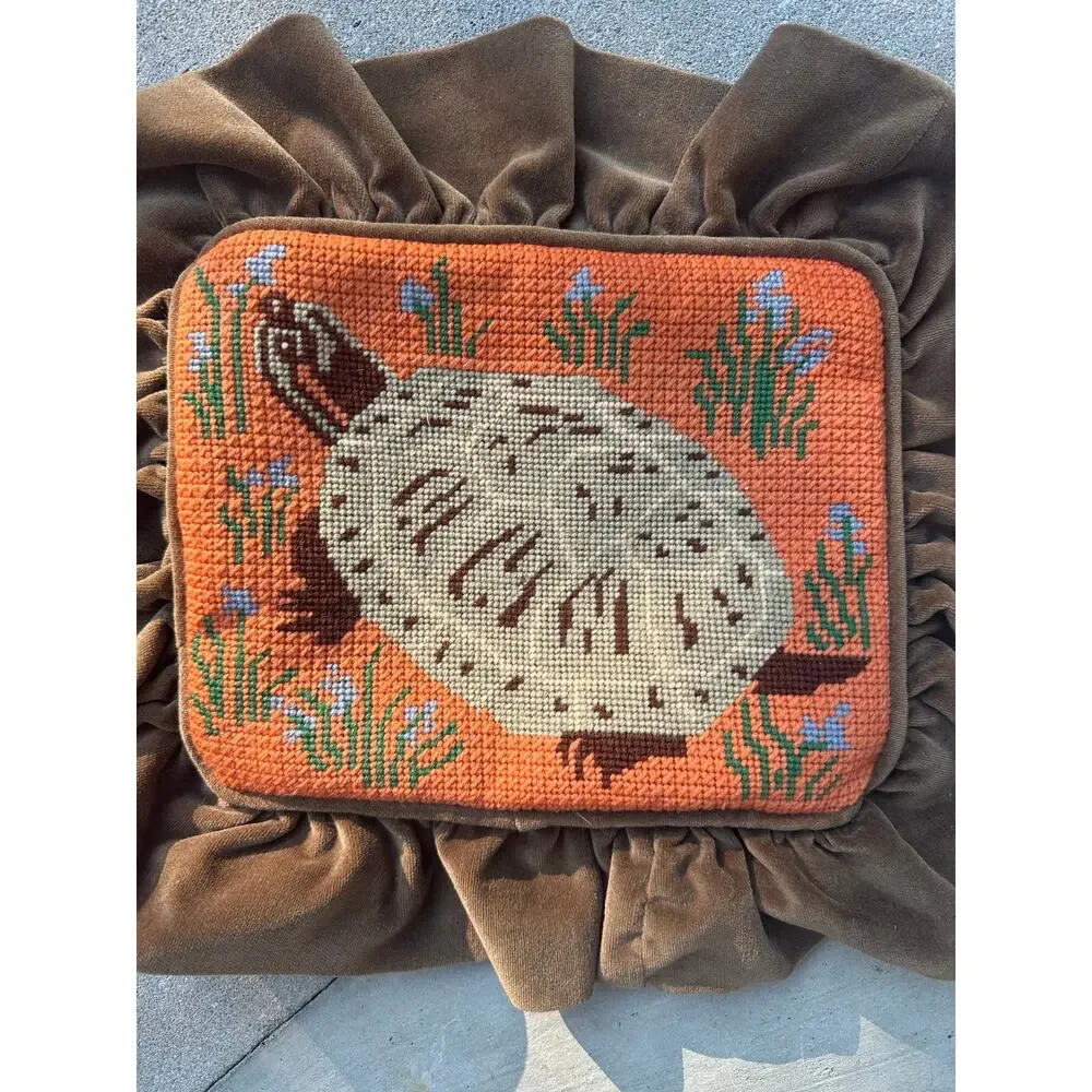 Vintage handmade needlepoint turtle pillow sham brown velvet ruffle orange